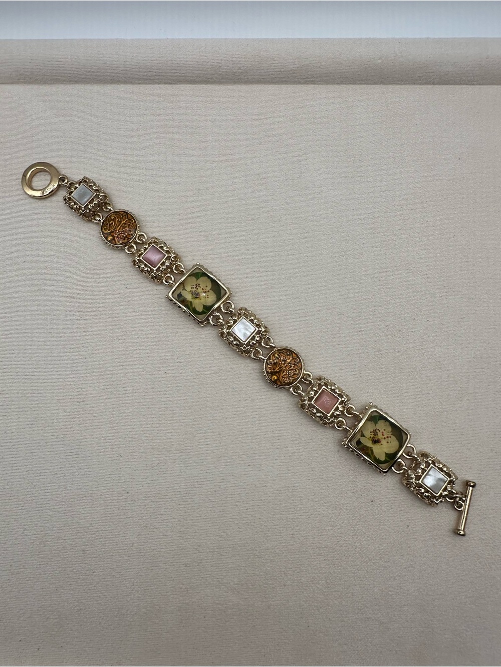 Gold Tone Floral Statement Bracelet Mother of Pearl Look Pink Cabochon 8”